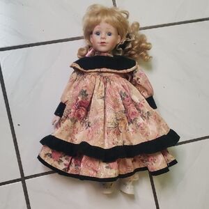 Vintage victorian style porcelain doll, Pink Floral Dress with Black Trim